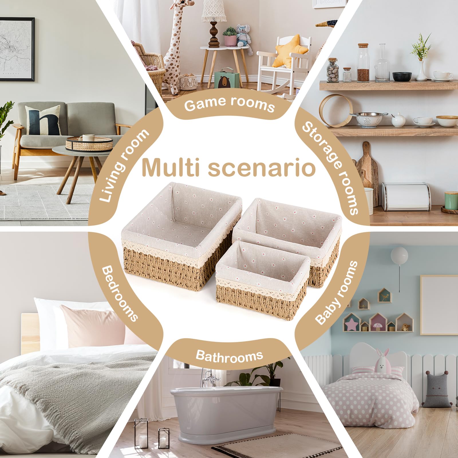 FoiiLiio Panier Rangement, Lot de 3 Paniers de Rangement Tressés, Paniers et boîtes de Rangement, Corbeille Rangement pour Salle de Bain, Cuisine, Organisateur Table a Langer Bebe (Beige)