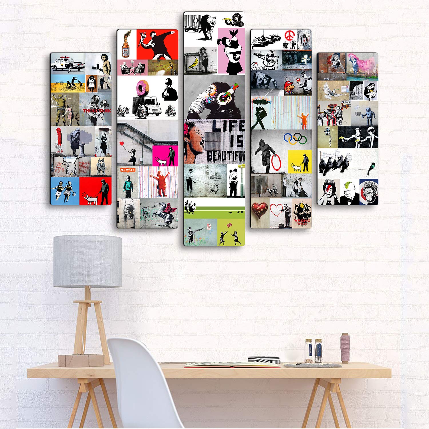 Giallobus - 5 Panneau multiple Art Board - Banksy - Collage de Banksy 2 - Bois MDF - 140x100