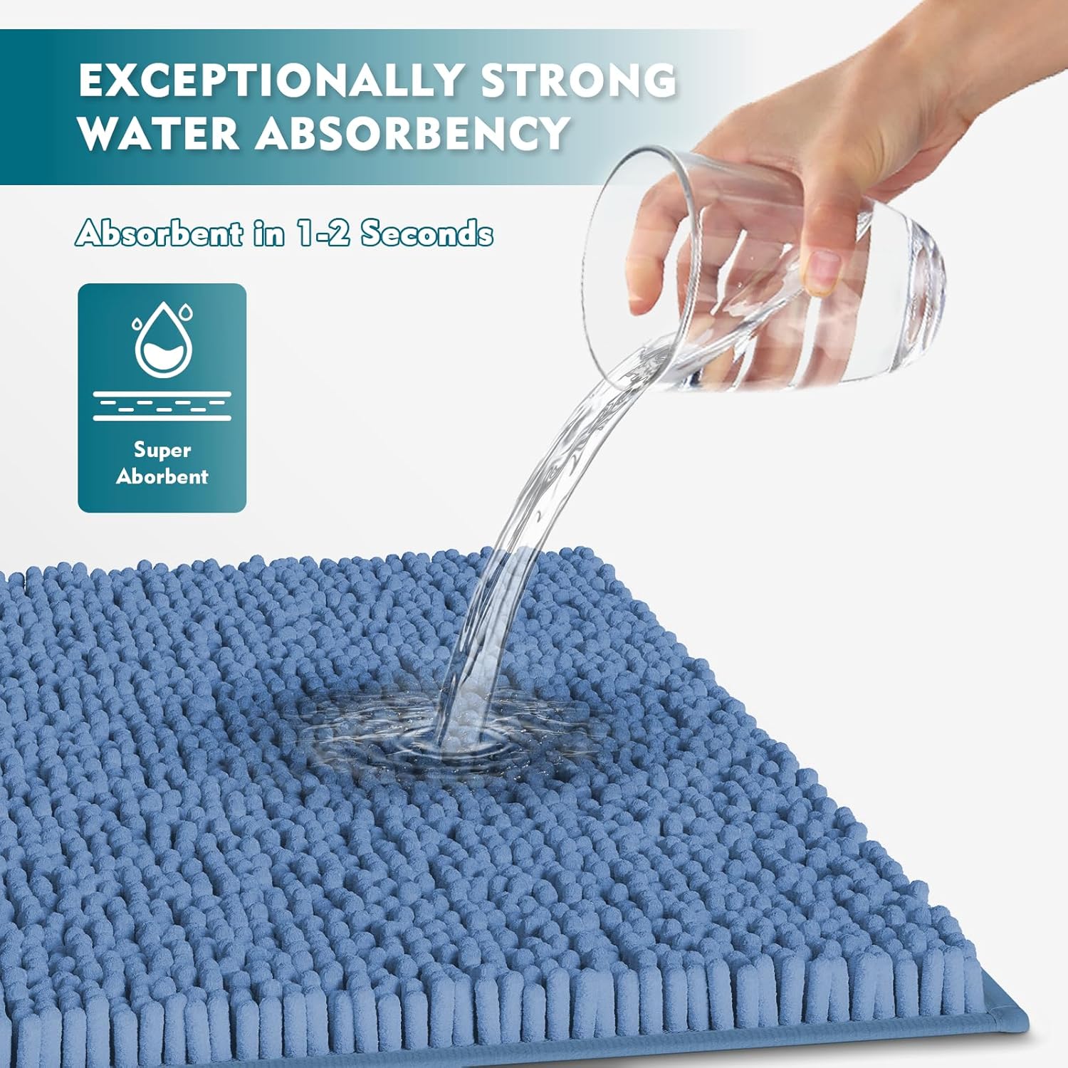 Bathroom Rug Mat Set 3 Piece, Chenille Bath Mat Set, Non-Slip Ultra Soft Carpet Mats, Absorbent with U-Shaped Toilet for Bathroom, Tub, Shower, Calm Blue