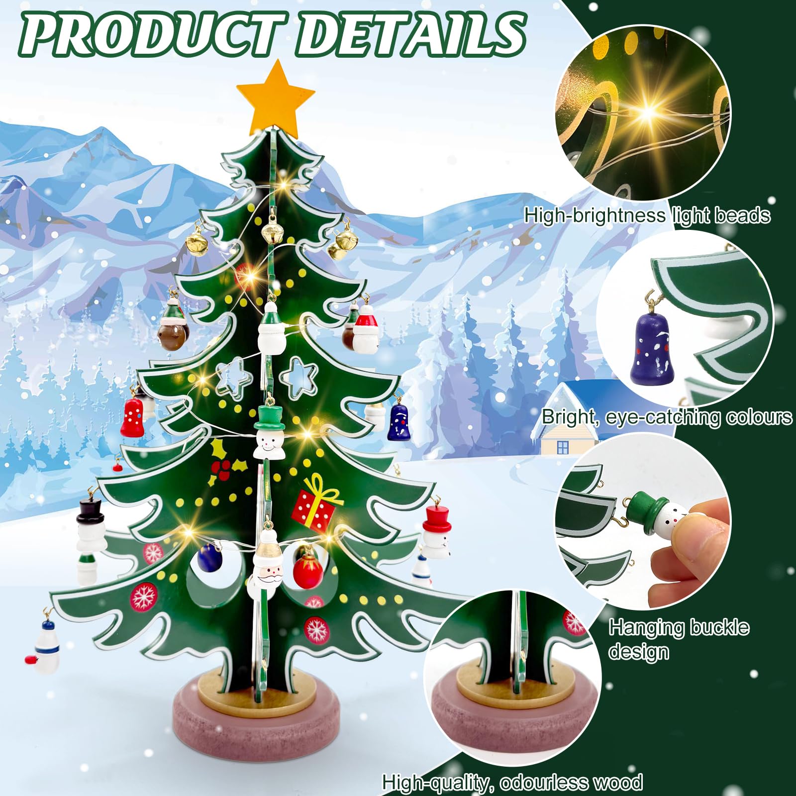 Calendario dell'Avvento 2025, albero di Natale in legno con 36 ciondoli e catena luminosa a LED, 24 giorni, conto alla rovescia, mini albero di Natale, regalo per ragazzi e ragazze