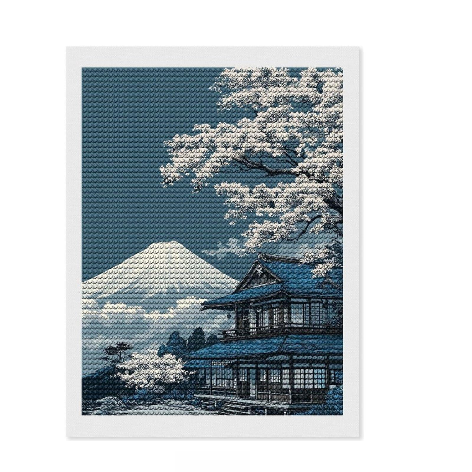Junmoney Mount Fuji and Traditional Japanese House 5D Diamond Painting Kit 12"x16", Round Gems, Sparkling Crystal Beads, Artistic Hobby, Farmhouse Decor