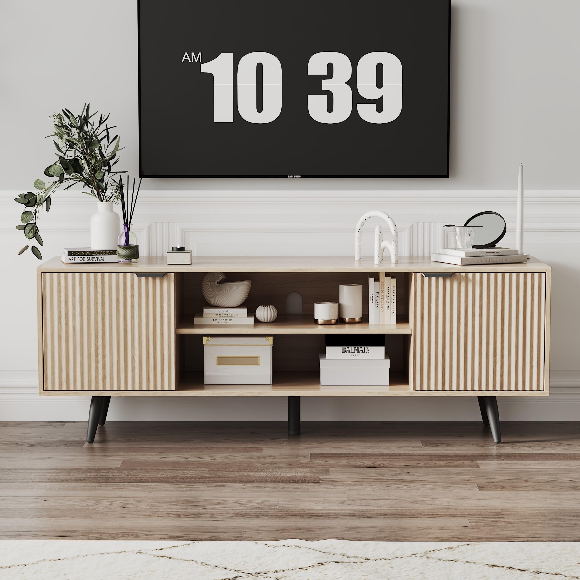 LZLUOB Modern TV Stand with Storage Cabinet, Wood Fashionable TV Cabinet with Waveform Panel and Adjustable Shelf, Entertainment Center TV Stand for