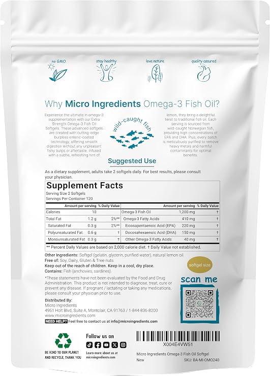 Micro Ingredients Extra Strength Omega 3 Fish Oil Supplements 1,200mg Per Serving, 240 Softgels | Lemon Flavored | Burpless | Essential Fatty Acids | EPA 220mg + DHA 150mg | Deep Sea Fish