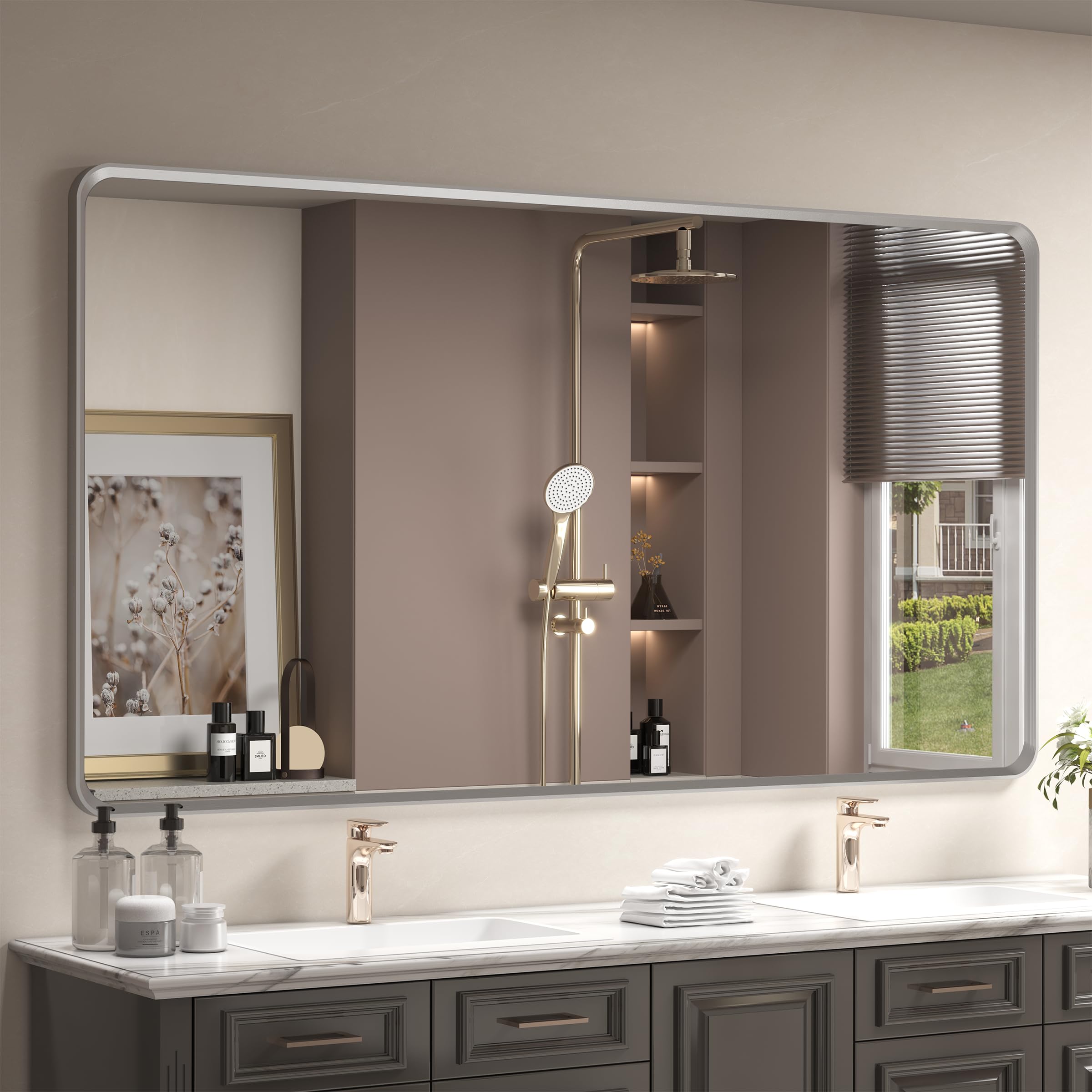 Photo 1 of ****FACTORY SEALED****
OKPAL 66x36 Silver Bathroom Mirror for Wall, Brushed Metal Framed Bathroom Vanity Mirror, Modern Rounded Corner Rectangle Mirror, Anti-Rust (Horizontal/Vertical)