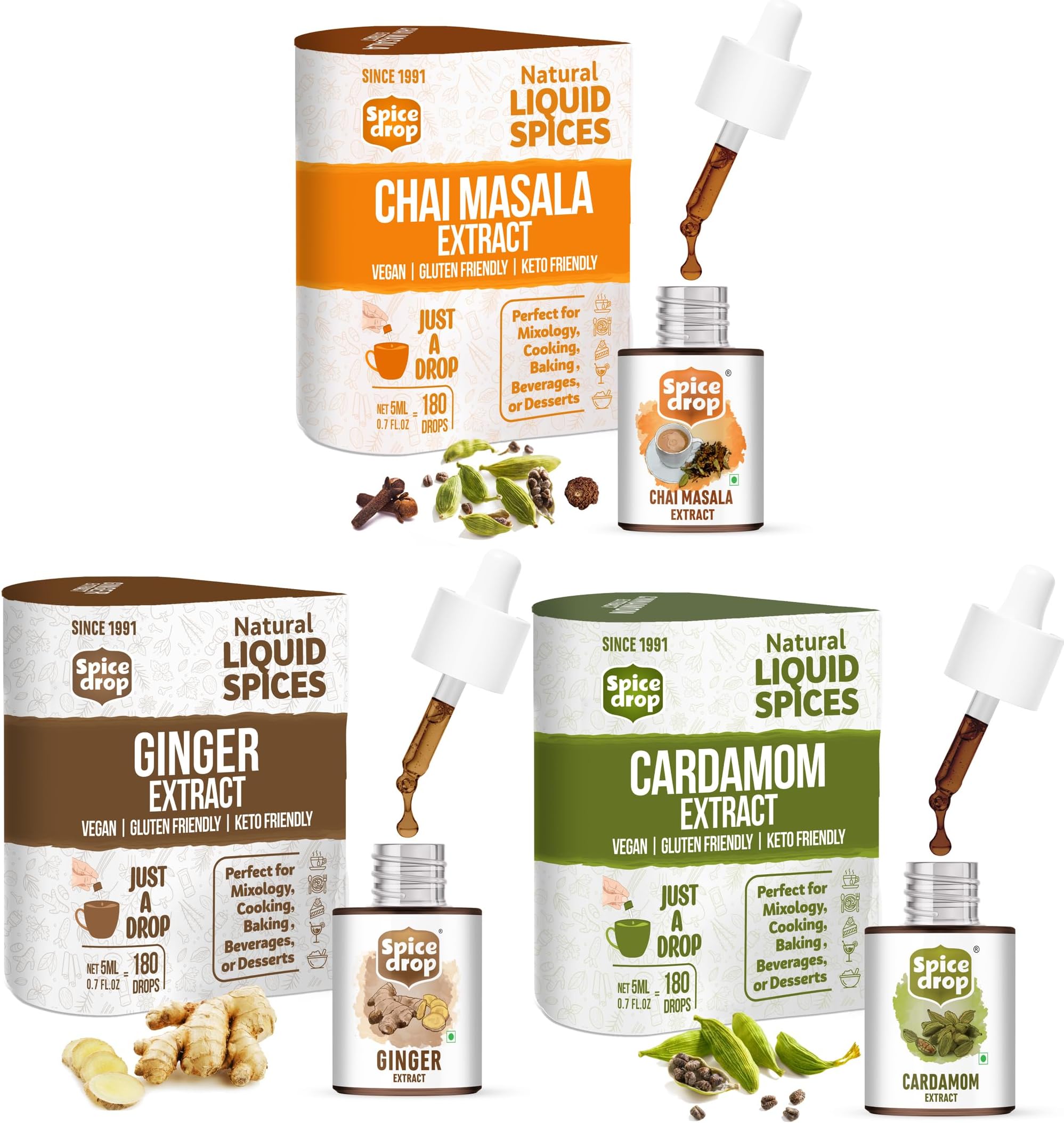 Chai Masala Tea Combo | Natural Extract of Ginger (Adrak), Tea Masala (Chai Masala) and Cardamom (Elaichi) | Food, Beverages and Dessert |1 Bottle 180 Drops (5 ML x 3 Packs)