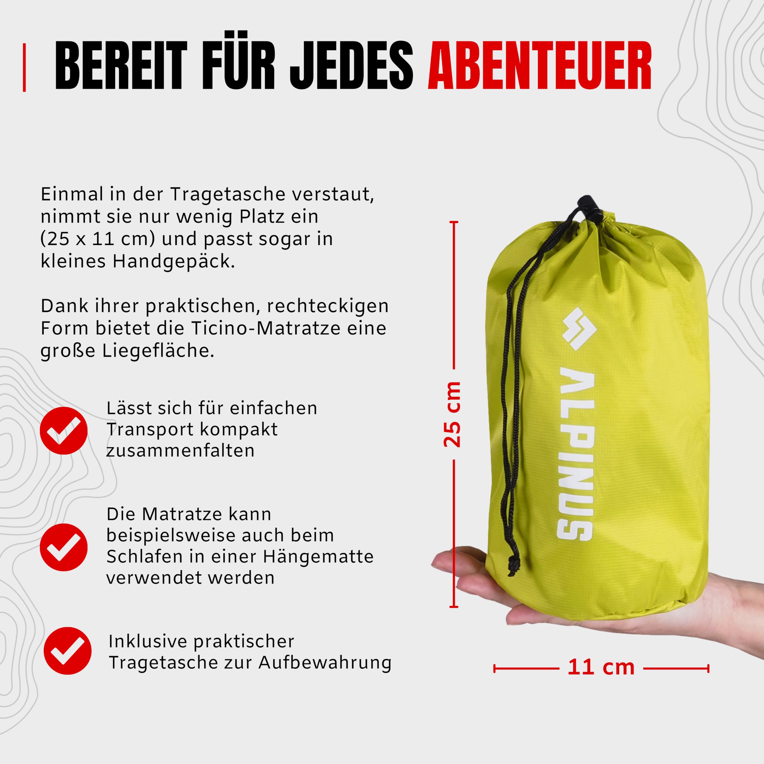 Alpinus - Materac Turystyczny Torc 185 x 60 x 8,5 cm, Materac Dmuchany Lekki i Kompaktowy, Dwukierunkowy Zawór z Automatyczną Blokadą - zielony NP11149