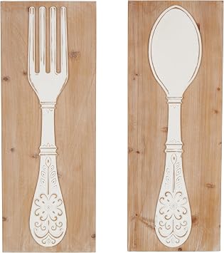 Deco 79 Wooden Utensils Home Wall Decor Wall Sculpture with Carved White Floral Designs, Set of 2 Wall Art 12"W, 32"H, Brown