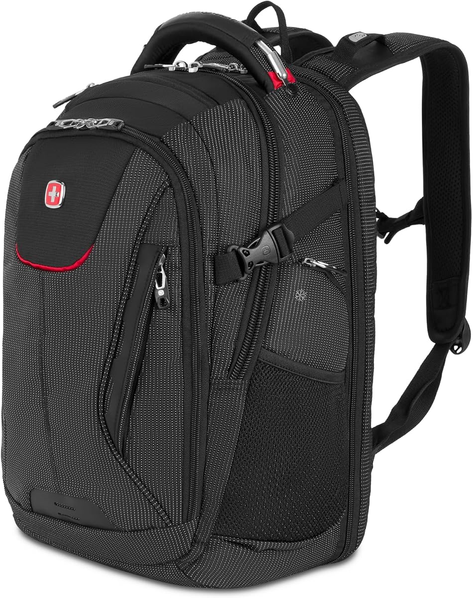 Mochila para computadora portátil Travel Tech Elite – Se adapta a computadoras portátiles de hasta 16” – Mochila compatible con ScanSmart TSA con puerto USB, compartimiento para zapatos y bolsillos organizadores – Punto negro