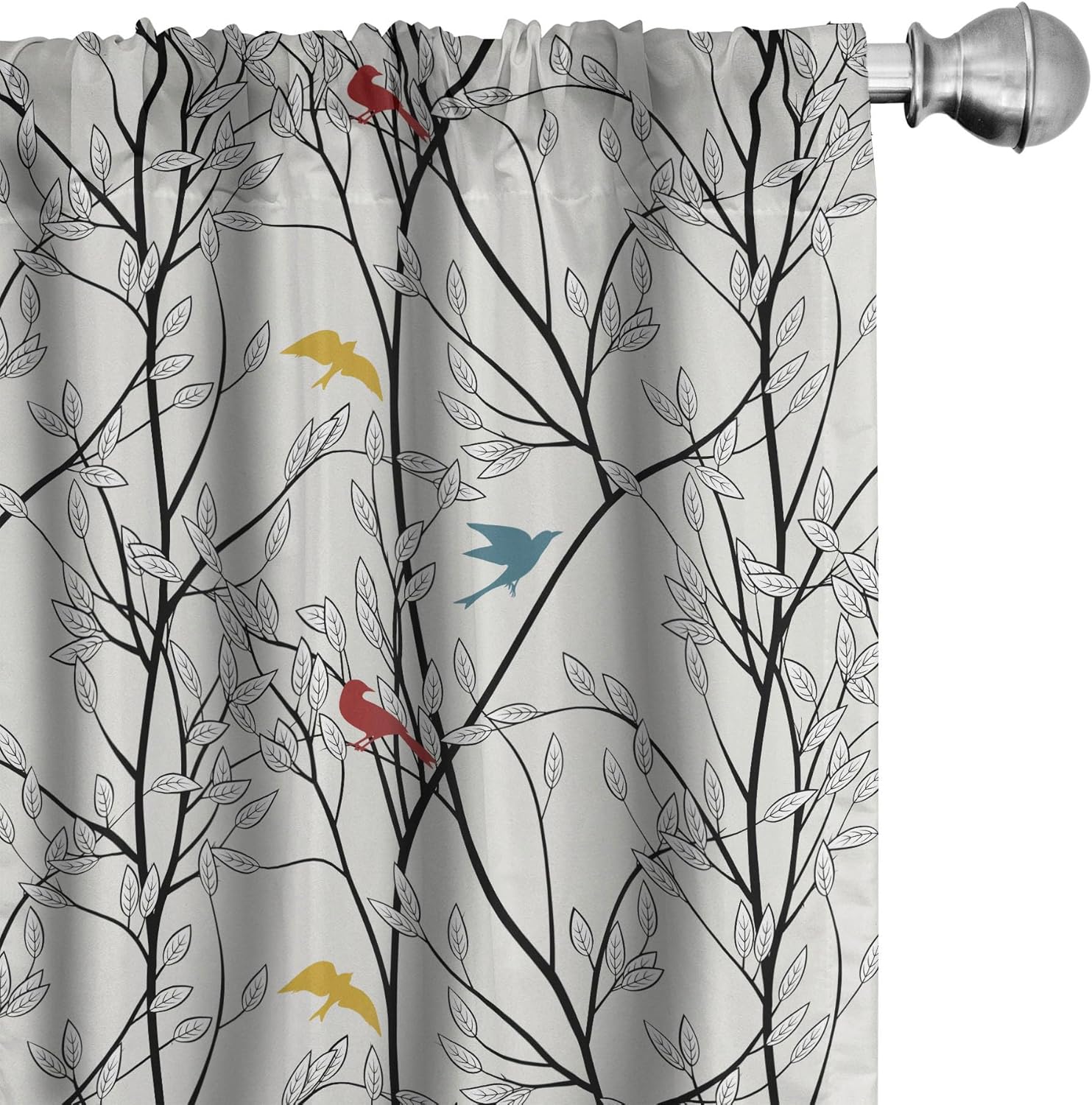 Ambesonne Forest Window Curtains Pack of 2, Woodland Inspired Abstract Design Leafy Tree Branches and Colorful Birds, Lightweight Set with Rod Pocket, 4 Panels of - 28" x 84", Coconut White