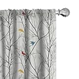 Forest Window Curtains, Woodland Inspired Abstract Design Leafy Tree Branches and Colorful Birds, Lightweight Decor 2-Panel Set with Rod Pocket, Pair of - 28
