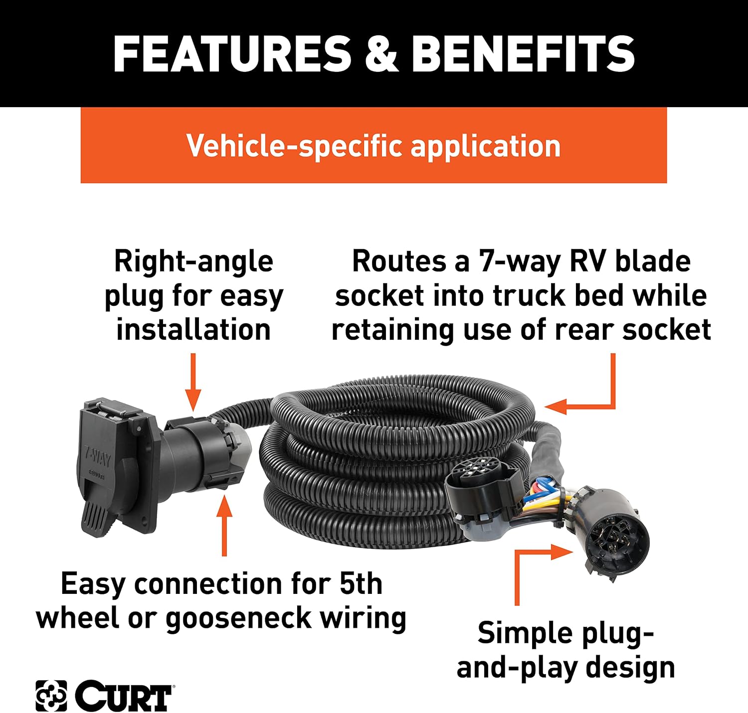 CURT 56000010 10-Foot Vehicle-Side Truck Bed 7-Pin Trailer Wiring Harness Extensions, Select Chevy, Dodge, Ford, GMC, Nissan, Ram, Toyota, 10-Pk