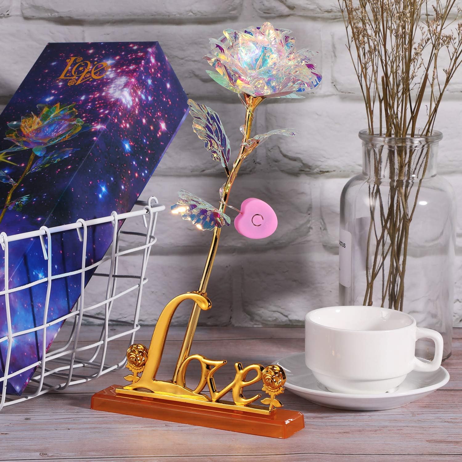 Colorful Galaxy Rose Flower Gift LED Light Artificial Rose Flower with Love Shape Base for Valentine's Day, Mother's Day, Thanksgiving, Birthday, Anniversary, Wedding Gifts Supplies