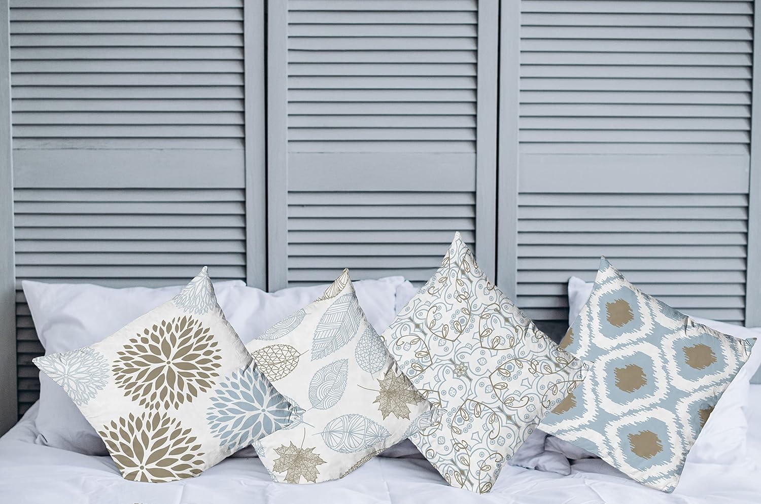 Ambesonne Vintage Throw Pillow Cushion Case Pack of 4, Bohemian Ornamental Leaves Dahlia Pattern Geometric Art Curlicue Motif, Modern Accent Double-Sided Digital Printing, 18", Blue Grey and Cocoa