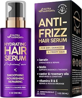 NUTRAHARMONY Hydrating Anti-Frizz Hair Serum with Keratin, Biotin, Castor & Rosemary Oil - Leave-In for Dry Frizzy Hair, Shine, Repair & Heat Protection 5oz