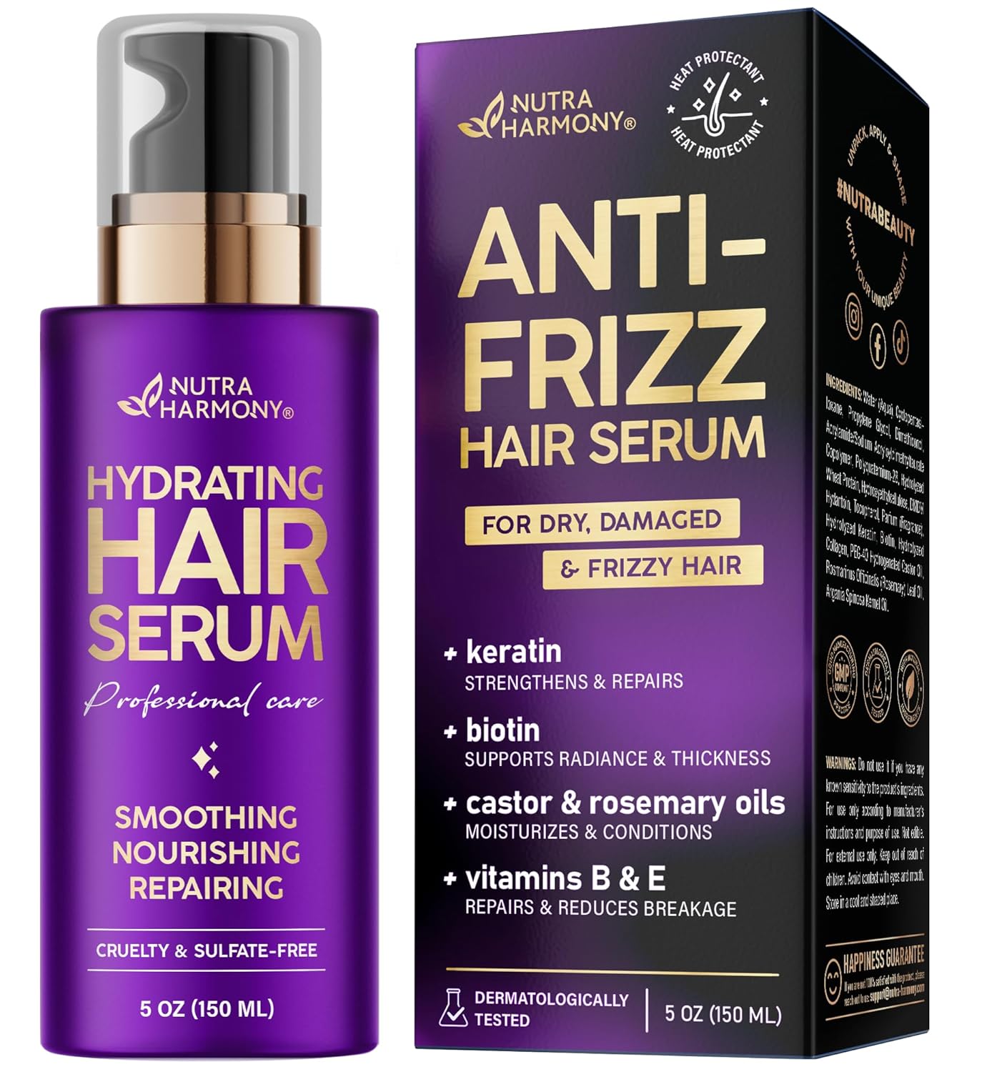 NUTRAHARMONY Hydrating Hair Serum – Keratin Hair Treatment for Dry, Frizzy, Damaged Hair – Biotin, Castor & Rosemary Oils – Anti‑Frizz, Heat Protectant & Split Ends Repair for Smooth, Shiny Hair, 5oz NUTRAHARMONY Hydrating Hair Serum – Keratin Hair Treatment for Dry, Frizzy, Damaged Hair – Biotin, Castor & Rosemary Oils – Anti‑Frizz, Heat Protectant & Split Ends Repair for Smooth, Shiny Hair, 5oz