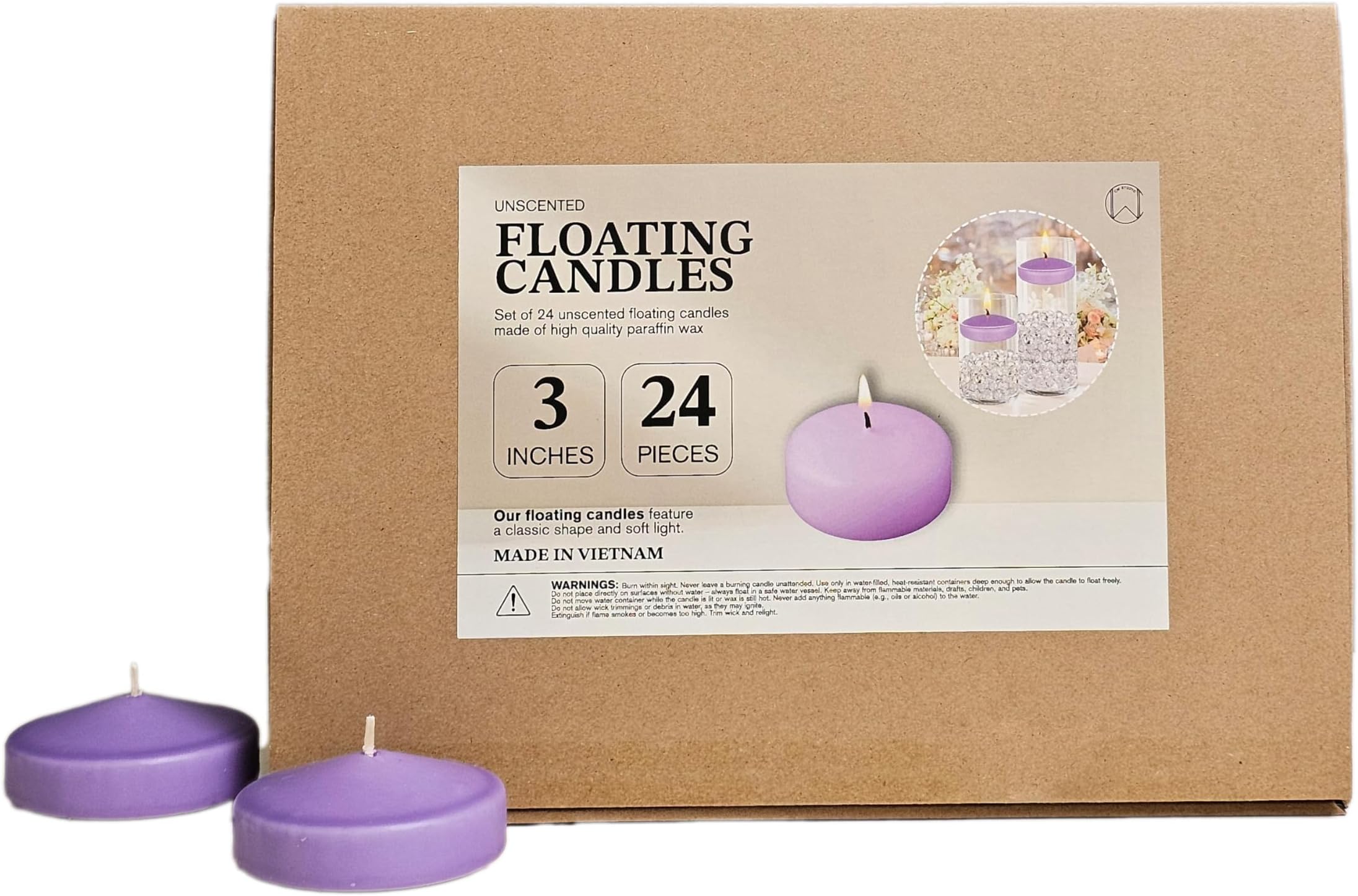 - CW Studio 24 Pack 3 Inch Lavender Unscented Floating Candles – Long 9 Hour Burn, Smokeless – Premium Paraffin Wax – Perfect for Weddings, Parties, Spa, Centerpieces, Special Occasions & Home Décor