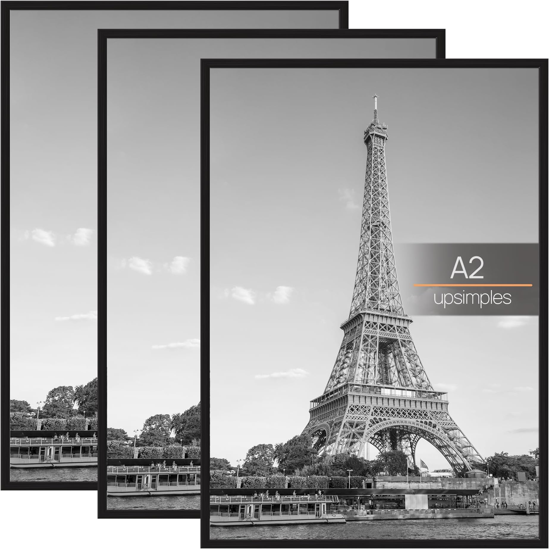 upsimples 3 Pack A2 Picture Frame, A2 Black Picture Frame for Photo Gallery - Slide-In Strips, Horizontal or Vertical Wall Mounting