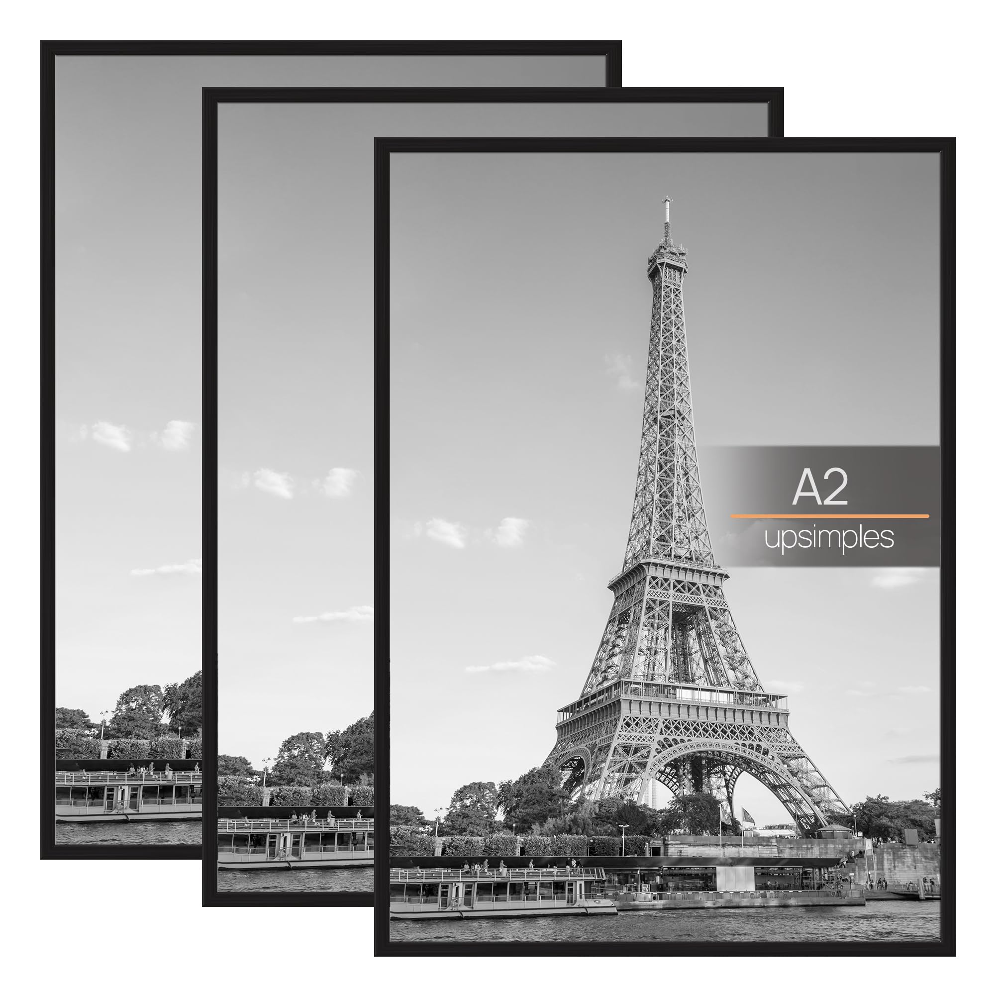 upsimples 3 Pack A2 Picture Frame, A2 Black Picture Frame for Photo Gallery - Slide-In Strips, Horizontal or Vertical Wall Mounting