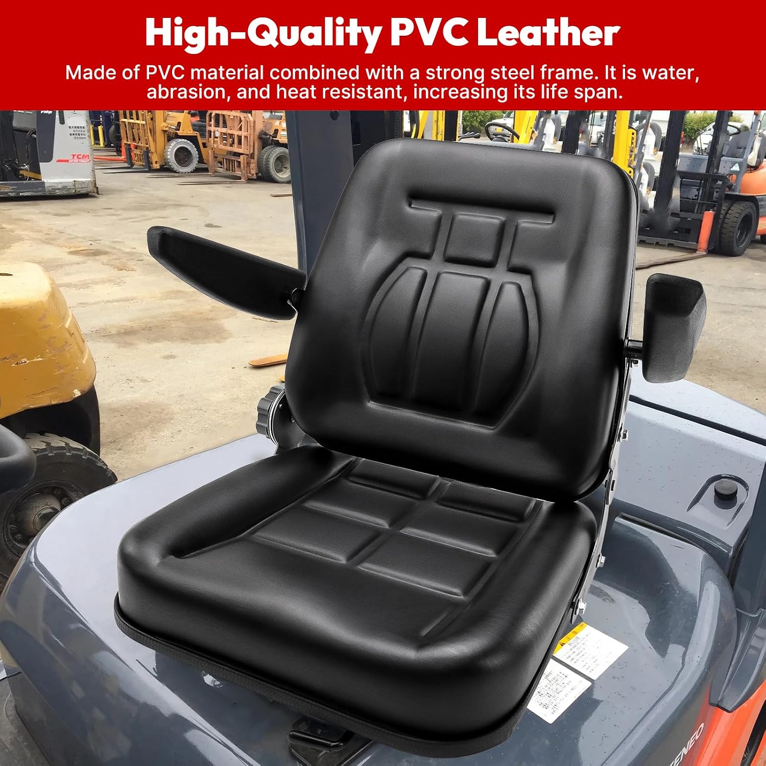 Universal Forklift Seat, Tractor Seat with Adjustable Angle Back Armrest, PVC Mower Seat Excavator Seat with Slide, for Skid Loader, Backhoe Dozer Telehandler