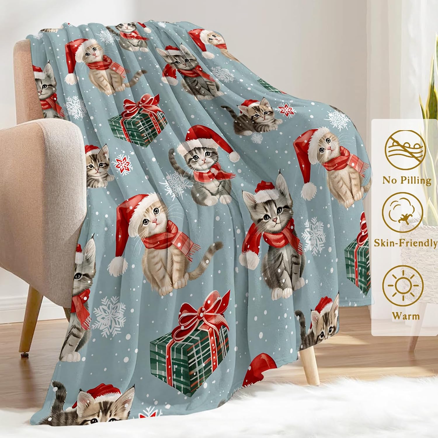 Christmas Cat Throw Blanket- Ultra Soft,Fleece,Lightweight,Cute Festive Kitten,Santa Hat,Scarve,Snowflake and Present Blankets,for Couch Room Bedroom,Holiday Decor,Gifts for Kids 60x80in