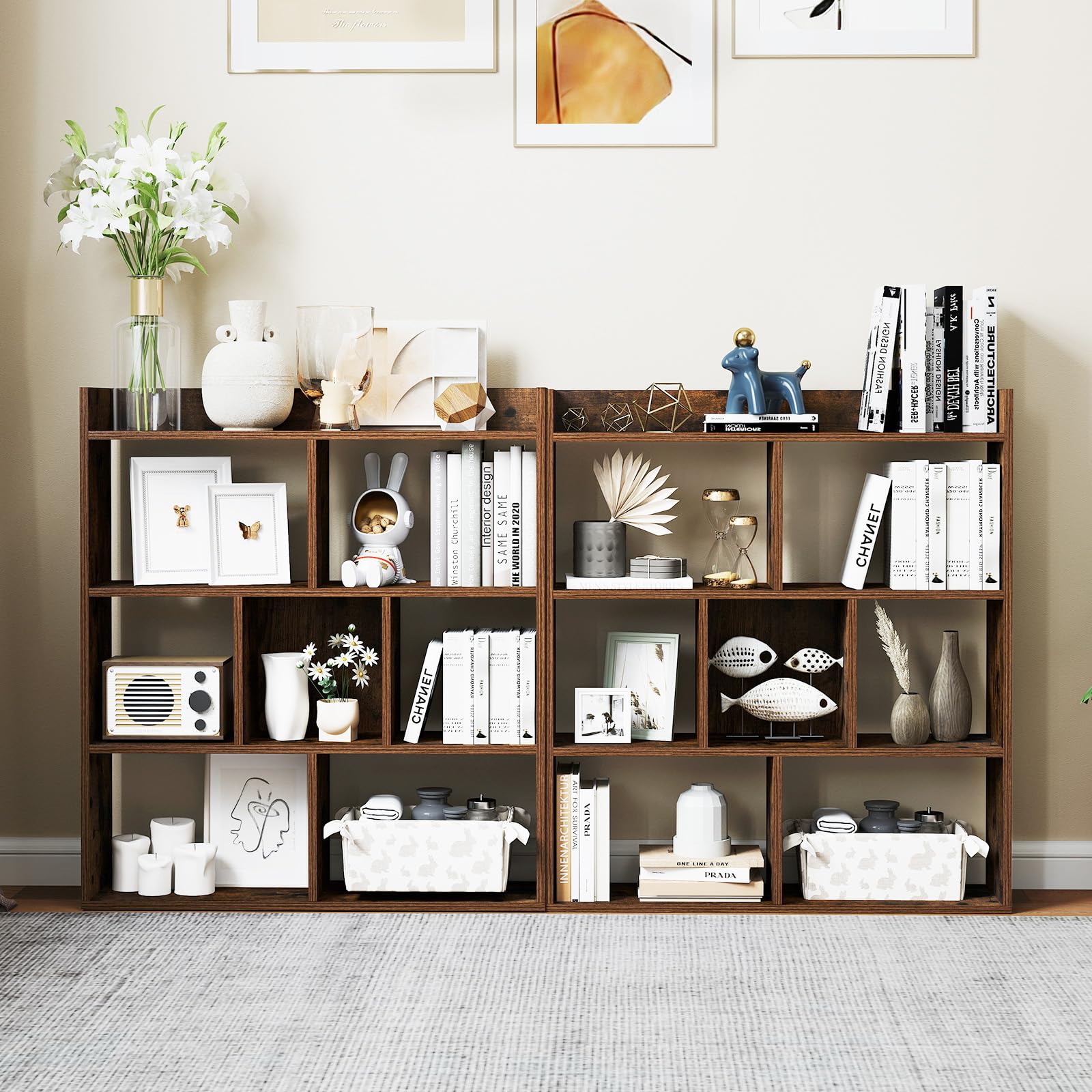COSTWAY Libreria a Cubi con 7 Scomparti, Mensola Espositiva per l'Archiviazione, Libreria in Legno con Dispositivi Anti-Ribaltamento, per Studio Soggiorno, 80x20x90 cm (Caffè)