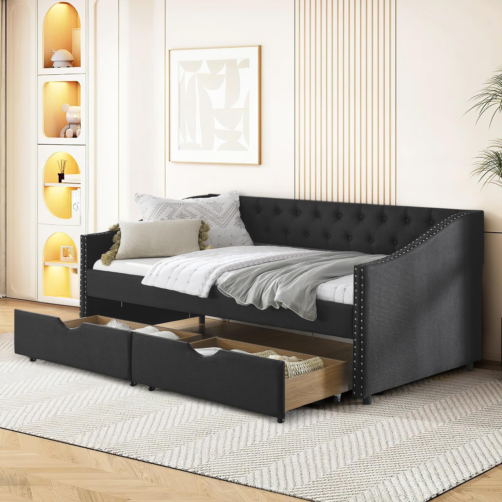 KINFFICT Twin Daybed with Storage Drawers, Modern Upholstered Twin Size Day Bed Button-Tufted Sofa Daybed Frame, Furniture for Bedroom Living Room