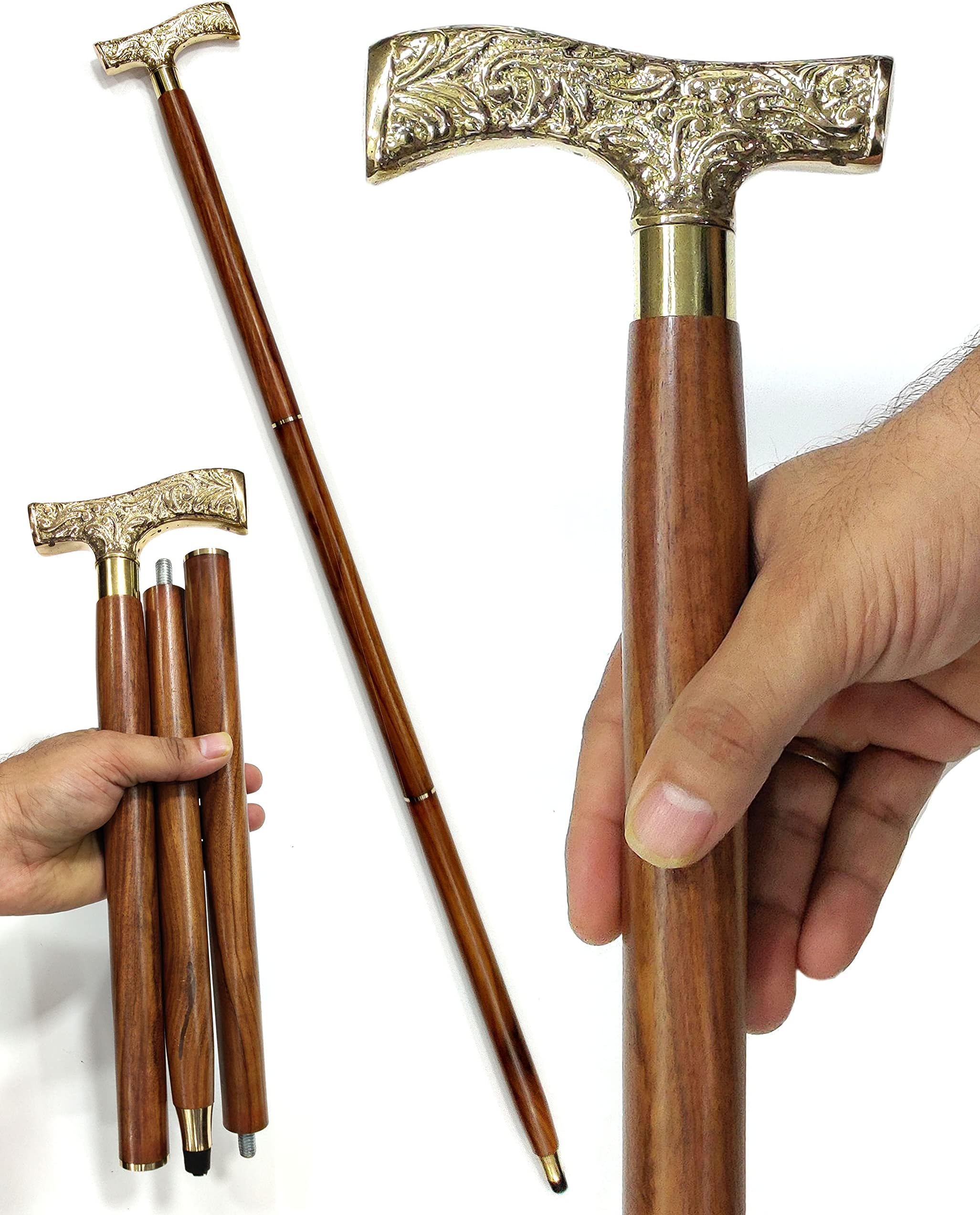 5MOONSUN5's Walking Stick - Men Derby Canes and Wooden Walking Stick for Men and Women - 37" Brown Ebony Brass Shape Handle in Golden Tone Natural Wood Unisex Cane