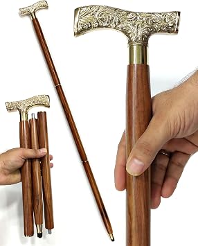 5MOONSUN5s Walking Stick Men Derby Cane Wooden Walking Stick for Men Women 37" Brown Ebony Brass T-Handle Gold-Tone Natural Wood Uni Cane Wand WS-478