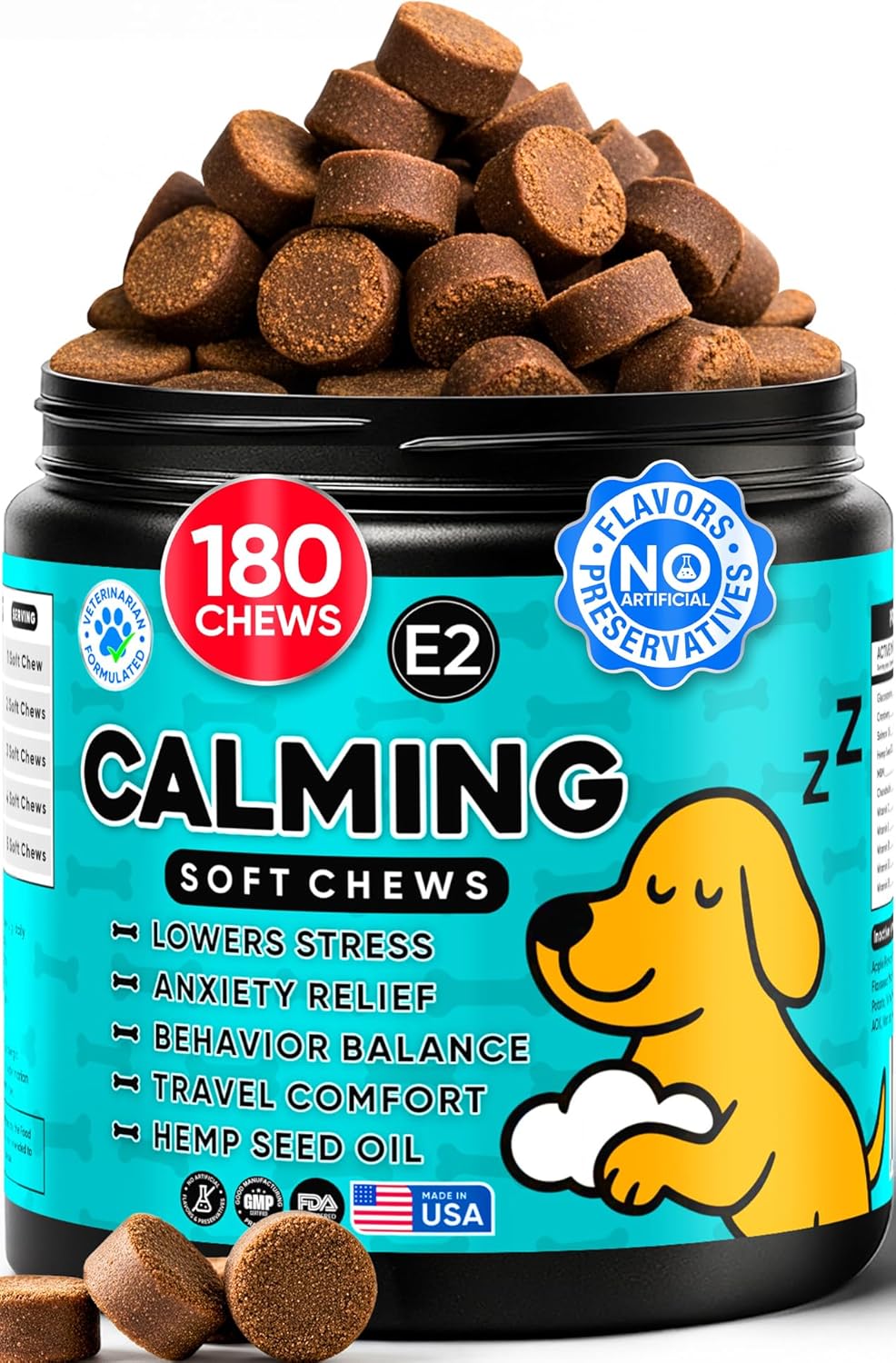 Calming Chews for Dogs with Valerian Root & Melatonin 3mg - Dog Supplement for Relaxation, Stress and Sleep Support - Hemp Seeds Oil with Glucosamine Chondroitin - Beef Flavor Soft Chews - 180 Count