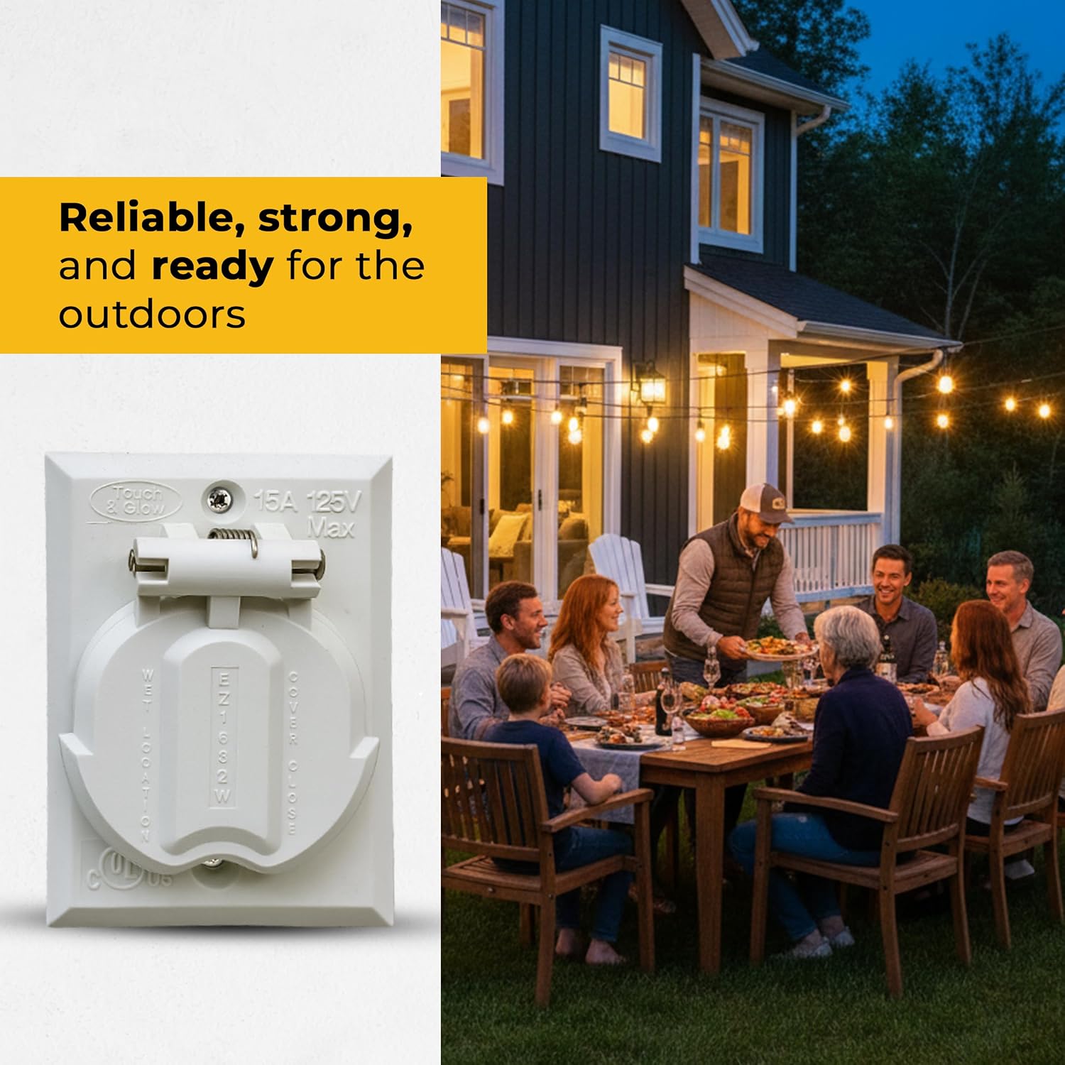 Touch & Glow Three Prong Grounded Outlet - 120V Plug Adapter - 15 Amp Power Outlet - Weather Resistant Electrical Socket for Outdoor Equipment & Lamp Posts - Safe & Reliable (EZ-682W, White)