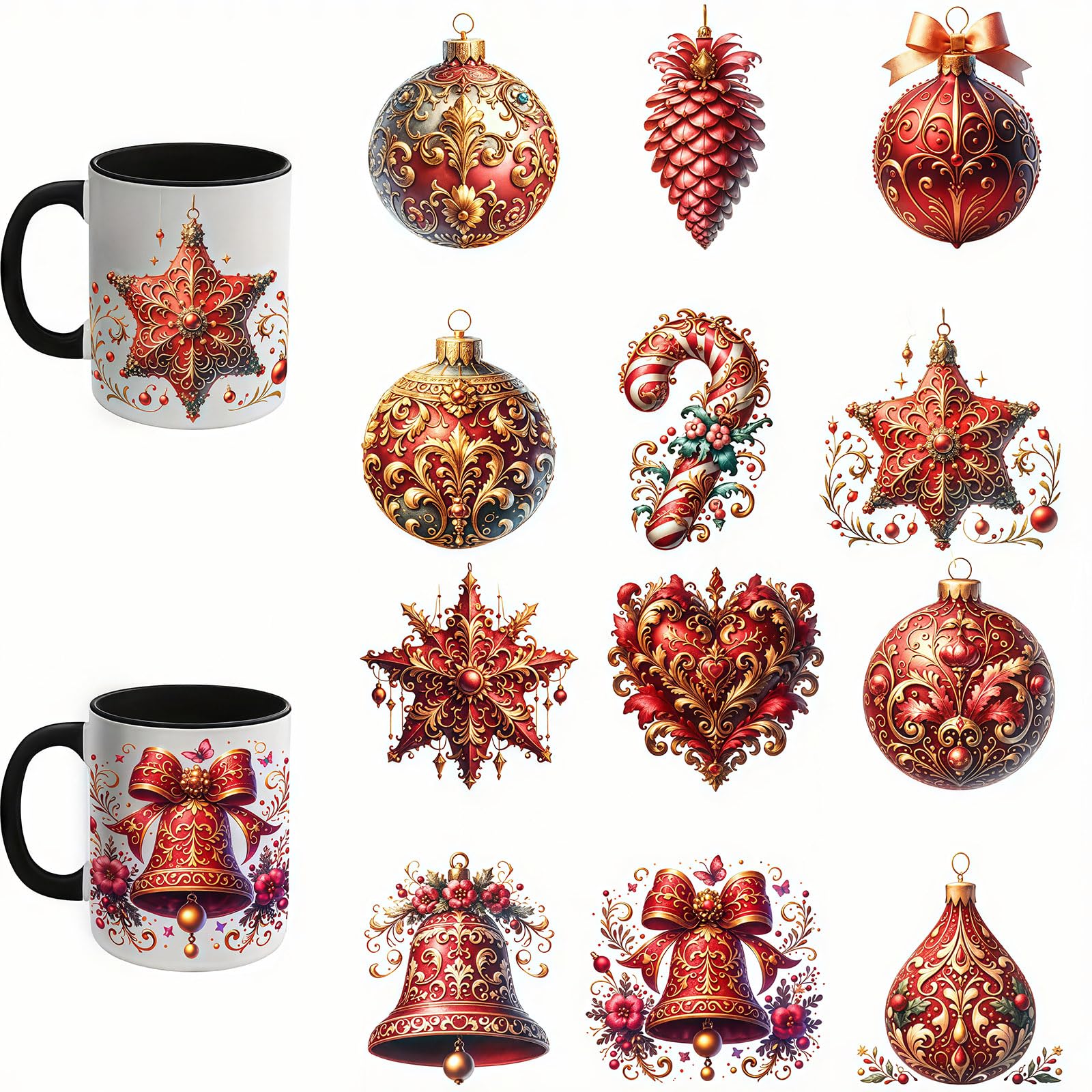 12pcs Christmas Decorations UV DTF Cup Wraps Transfer Waterproof Sticker for Glass Cups Furniture Craft DIY Crafts，Rub on Transfer Stickers for DIY Water Bottle Laptop Decal Wood Car