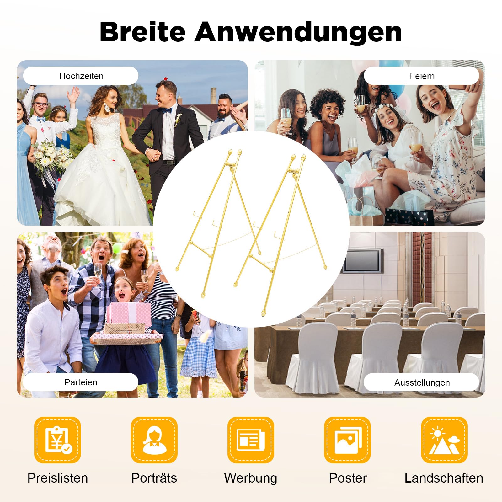 2 Stücke Staffelei Ständer Staffelei Display Ständer für Hochzeitsschild & Poster, Goldene Display-Halter mit verstellbaren Haken, Gold Hochzeit Staffeleien für Willkommensschilder