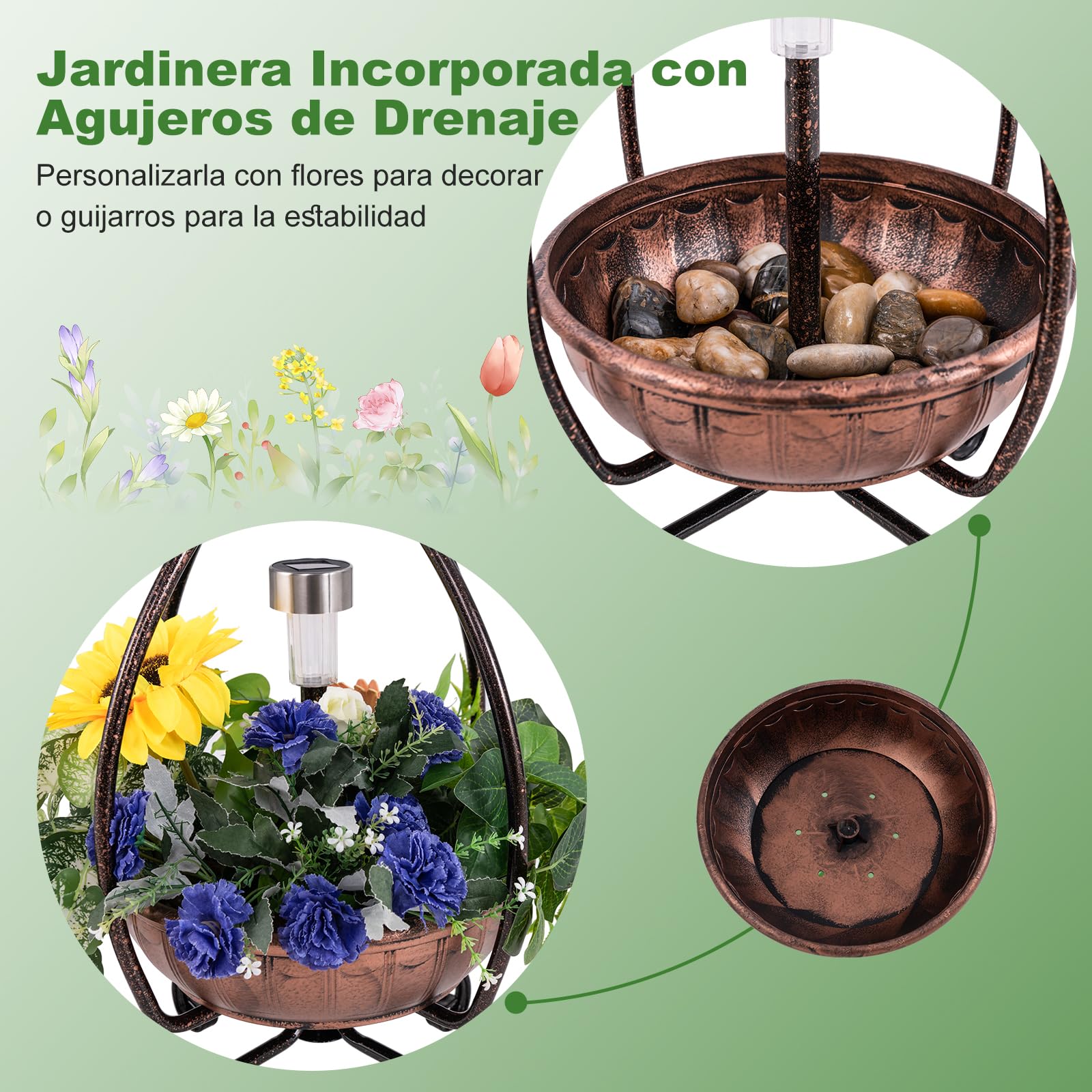 GYMAX Comedero Solar para Pájaros de Exterior, Bañera para Pájaros con Luz Solar LED, Jardinera Inferior de Flores, Marco Metálico, Bebedero Decorativo Vintaje para Ave (Bronce Antiguo)