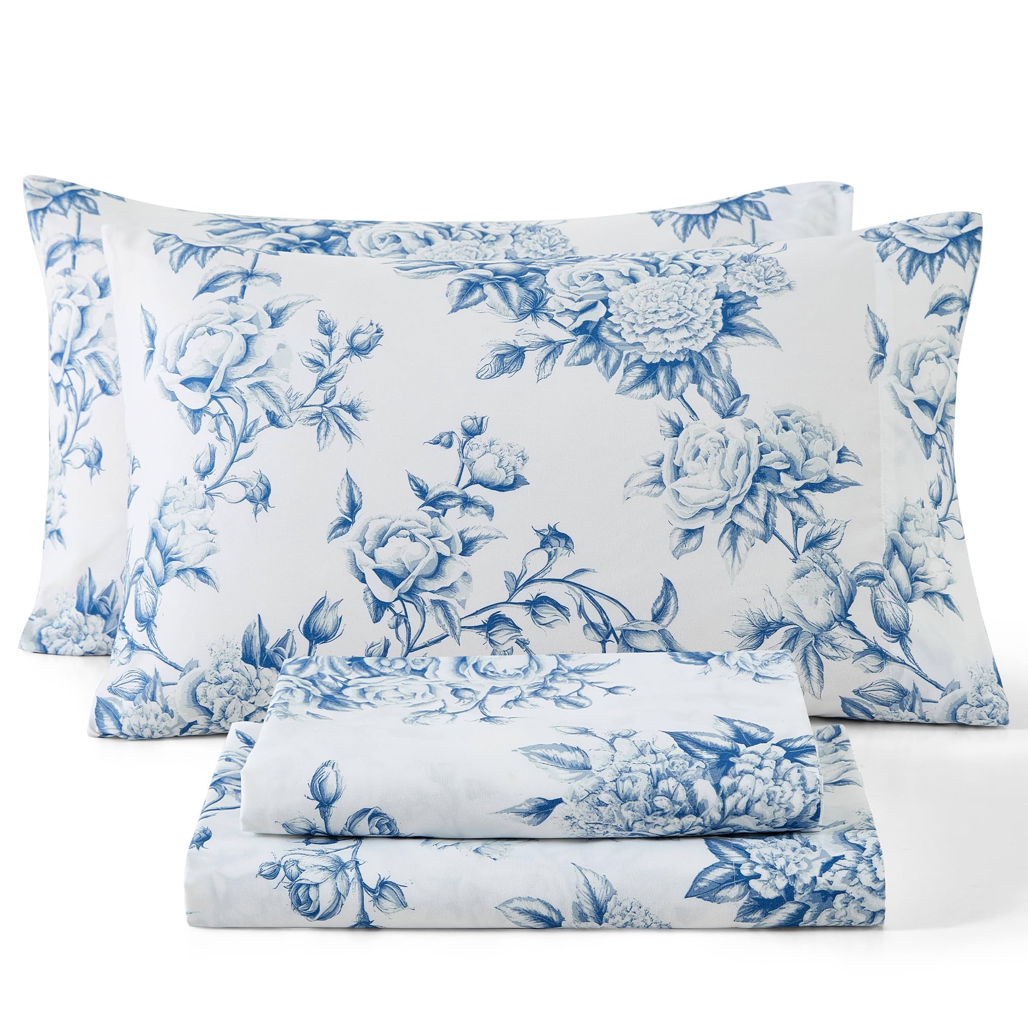 HLC.ME Rose Toile Floral Bed Sheets - 4 Piece Bed Sheet Set - Wrinkle Resistant & Ultra Soft - Fits Mattresses up to 15 Inches Deep (Queen, Blue)