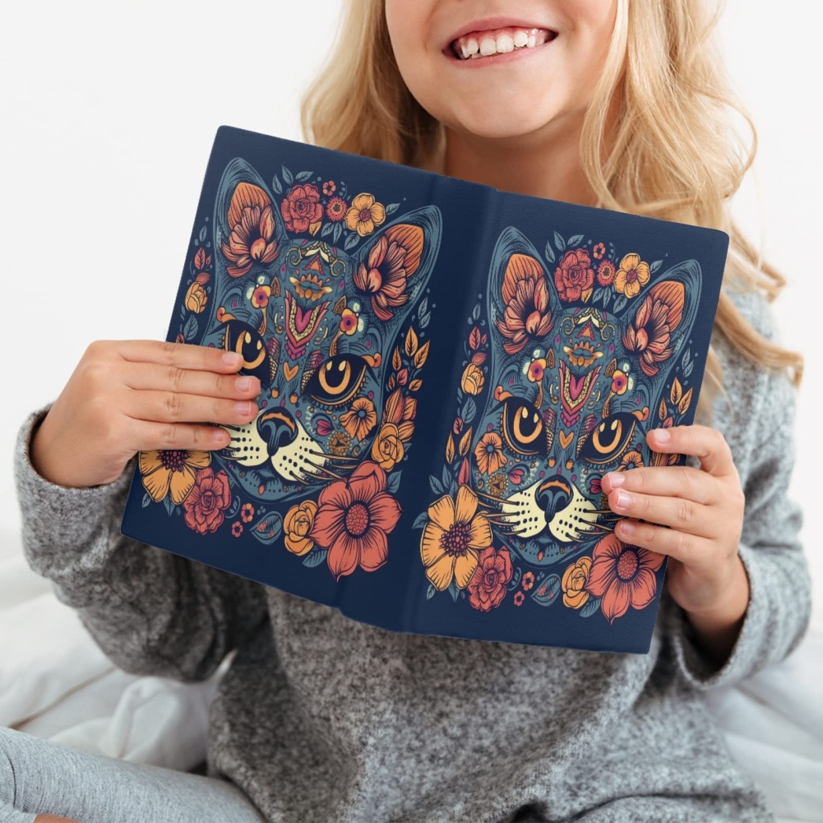 Kuiaobaty Novelty Cat Floral Fabric Book Cover for Notebook,Novel, Animal Flowers Book Sleeve Stretchy Cloth 11 X 9 Inch - Image 3