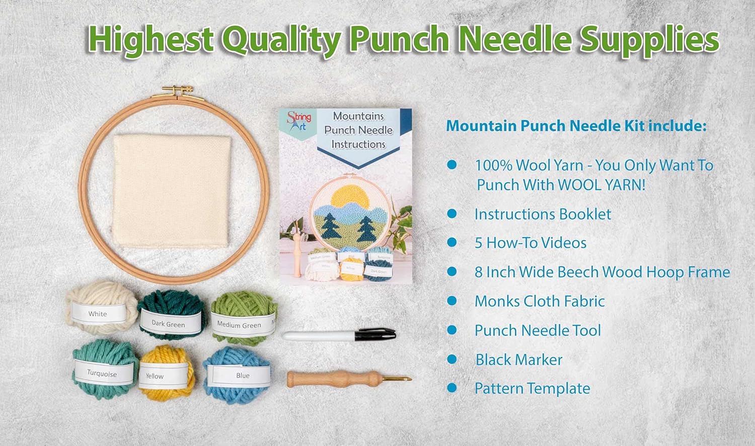 Mountains Mini Punch Needle Kit - Includes Punch Needle Tool, 100% Wool Yarn, 8 inch Beech Wood Hoop and More