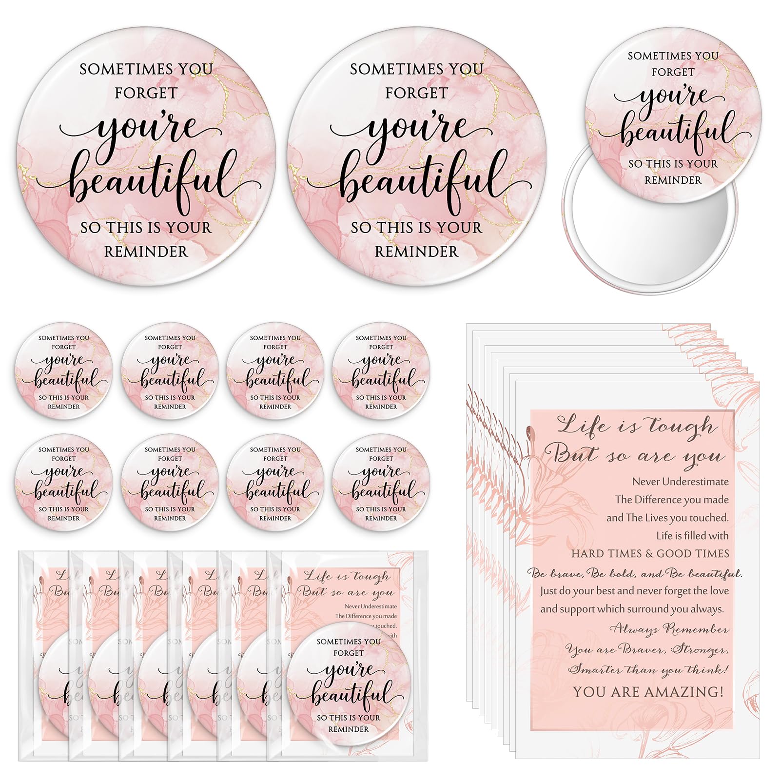 50 Sets Pink Mini Compact Mirror Bulk Postive Gift for Women, Beautiful | Inspirational Pocket Mirror, Small Round Portable Travel Makeup Accessory for Wedding, Coworker Nurse, Birthday Party Favor