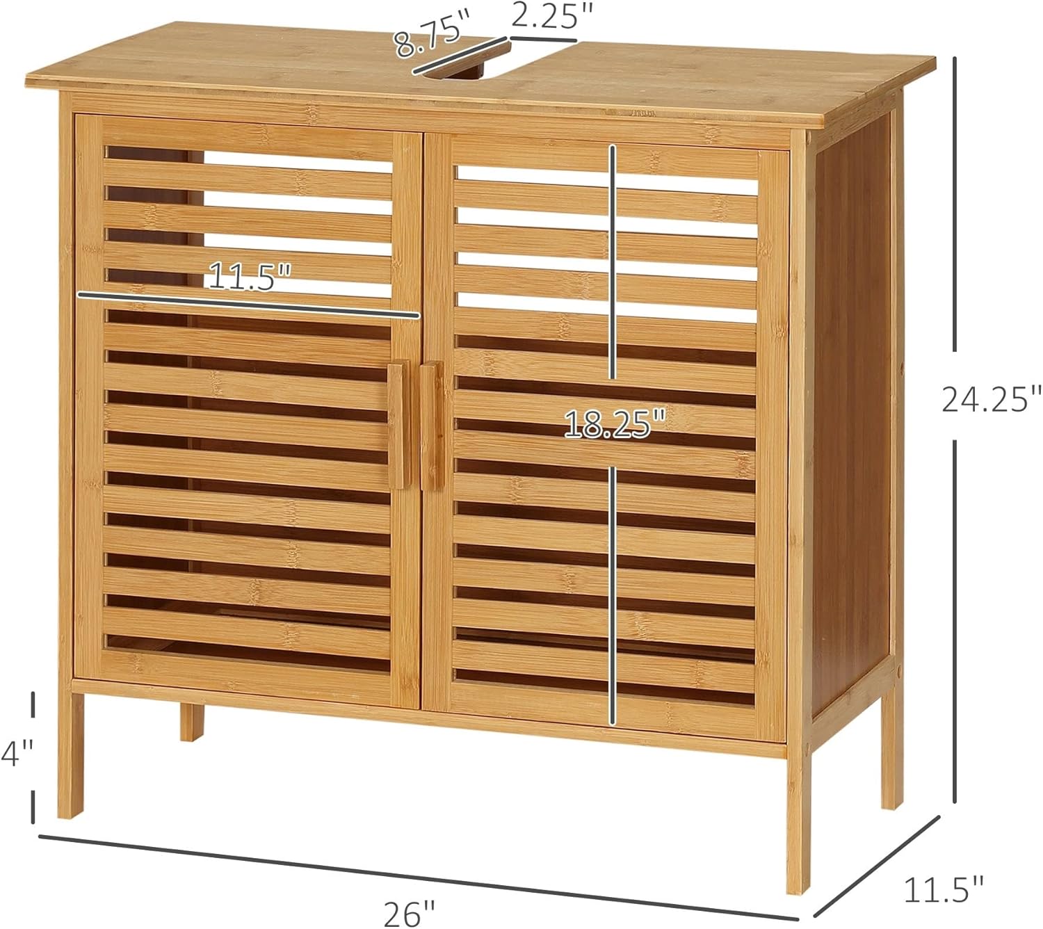 Bamboo Under Sink Cabinet with 2 Slatted Doors Freestanding Organizer Wood