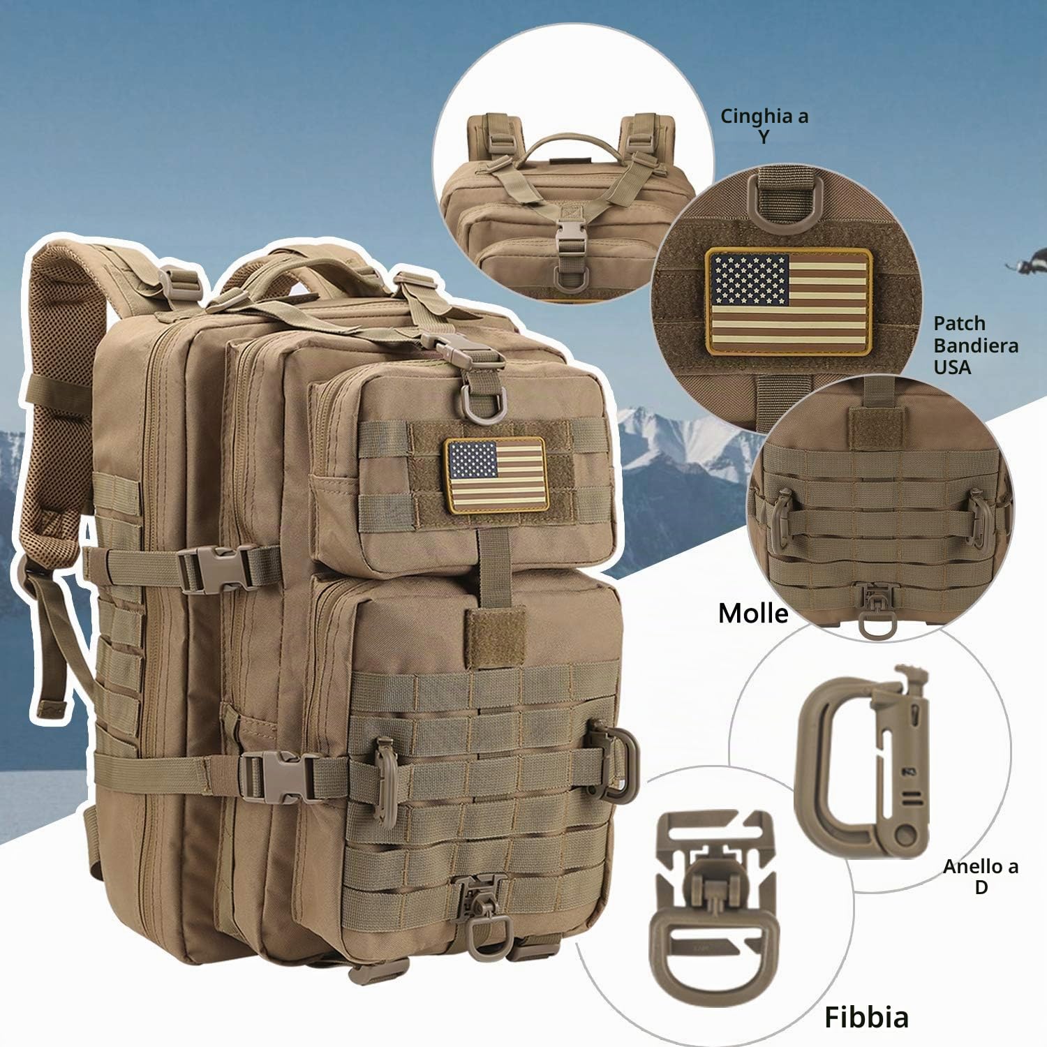 Hannibal Tactical Molle Assault Pack - Zaino tattico militare da campeggio, da 3 giorni, Coyote, 40L
