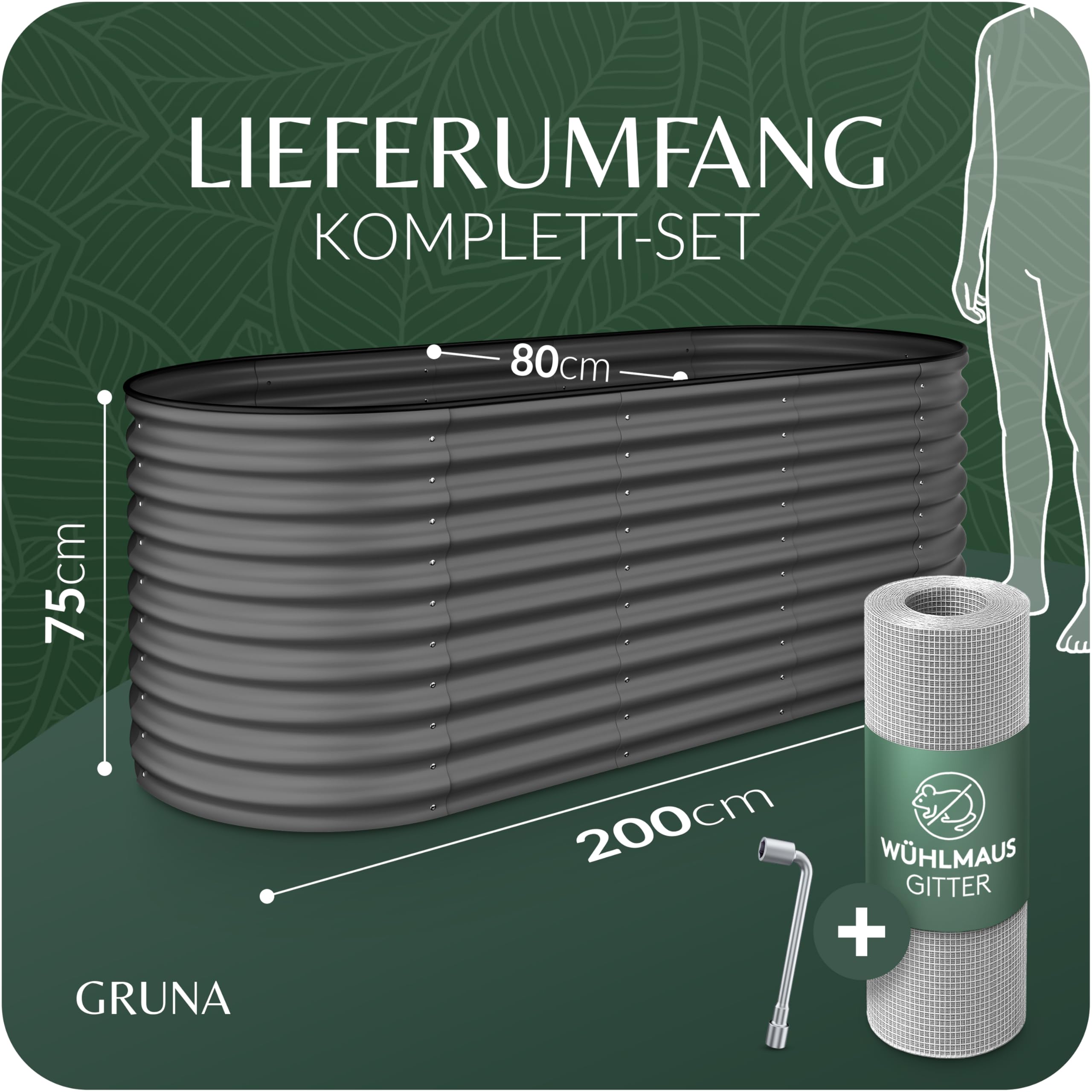 GRUNA - Hochbeet Metall 200x80x75 cm I 6 in 1 Modular Hochbeete-Kit I 100% Rostfrei I Formstabil Dank Verstrebung I Hochbeete für Garten I Hochbeet Anthrazit (200x80x75)