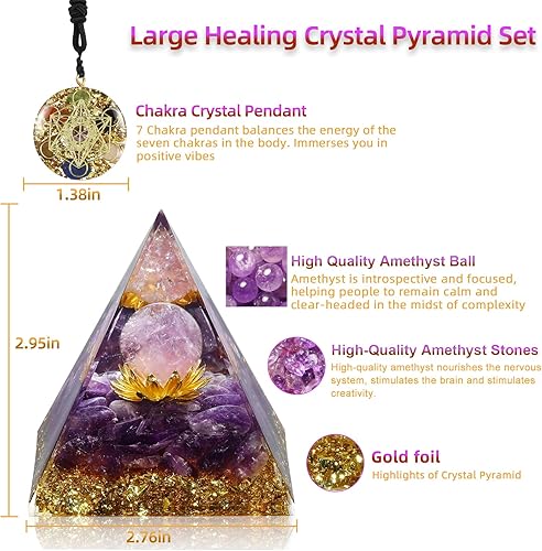 Miniatura 2 de Pirámide de orgón grande para energía positiva, flor de la vida, piedras naturales de amatista, cristales curativos, juego de pirámide para reducir