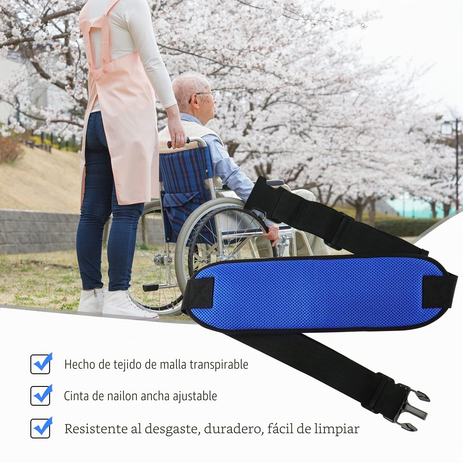 LOSCHEN Cinturón de seguridad para silla de ruedas, antideslizante, silla gruesa, área abdominal, ajustable, antideslizante, con hebilla para personas mayores, personas mayores (azul)