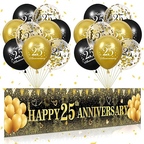 Decoración de aniversario de boda de oro negro pancarta de feliz aniversario de oro negro y 18 globos de látex de feliz aniversario para Decoración de aniversario de boda de oro negro pancarta de feliz aniversario de oro negro y 18 globos de látex de feliz aniversario para