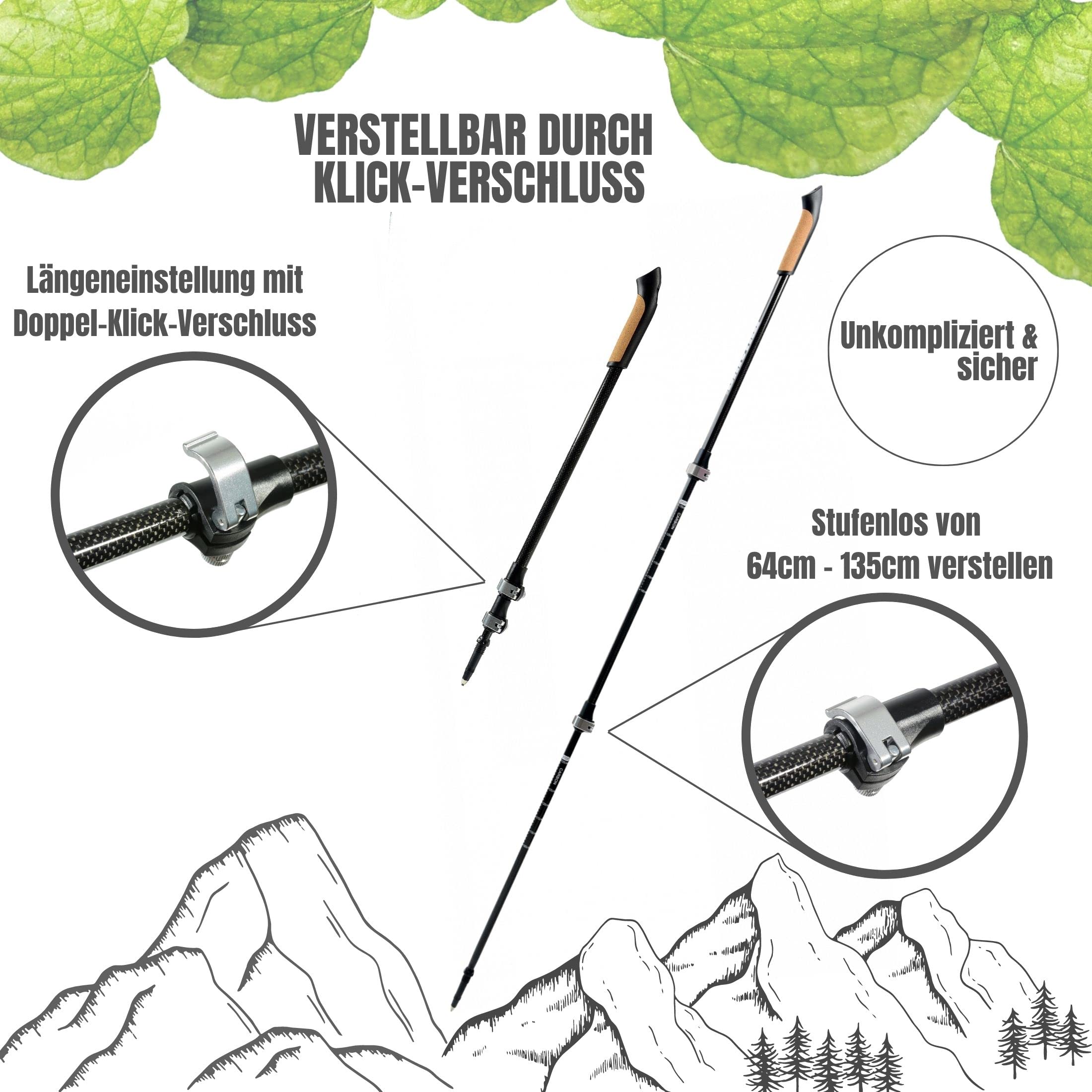 Muawo verstellbar Premium Nordic Walking Stöcke | 100% Carbon, ultraleichte 209g, 64-135cm Easy-Clickverschluss | Trekkingstöcke, Wanderstöcke, Walkingstöcke Herren & Damen