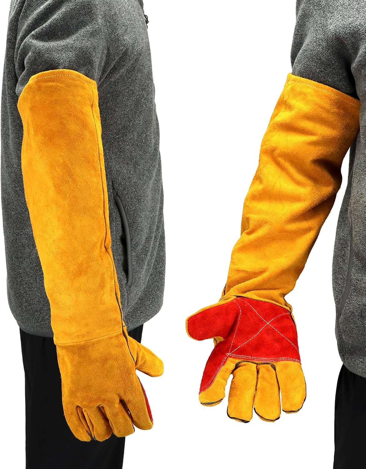 QWORK 24" Leather Long Sleeves Welding Safety Gloves Fireplace Gloves