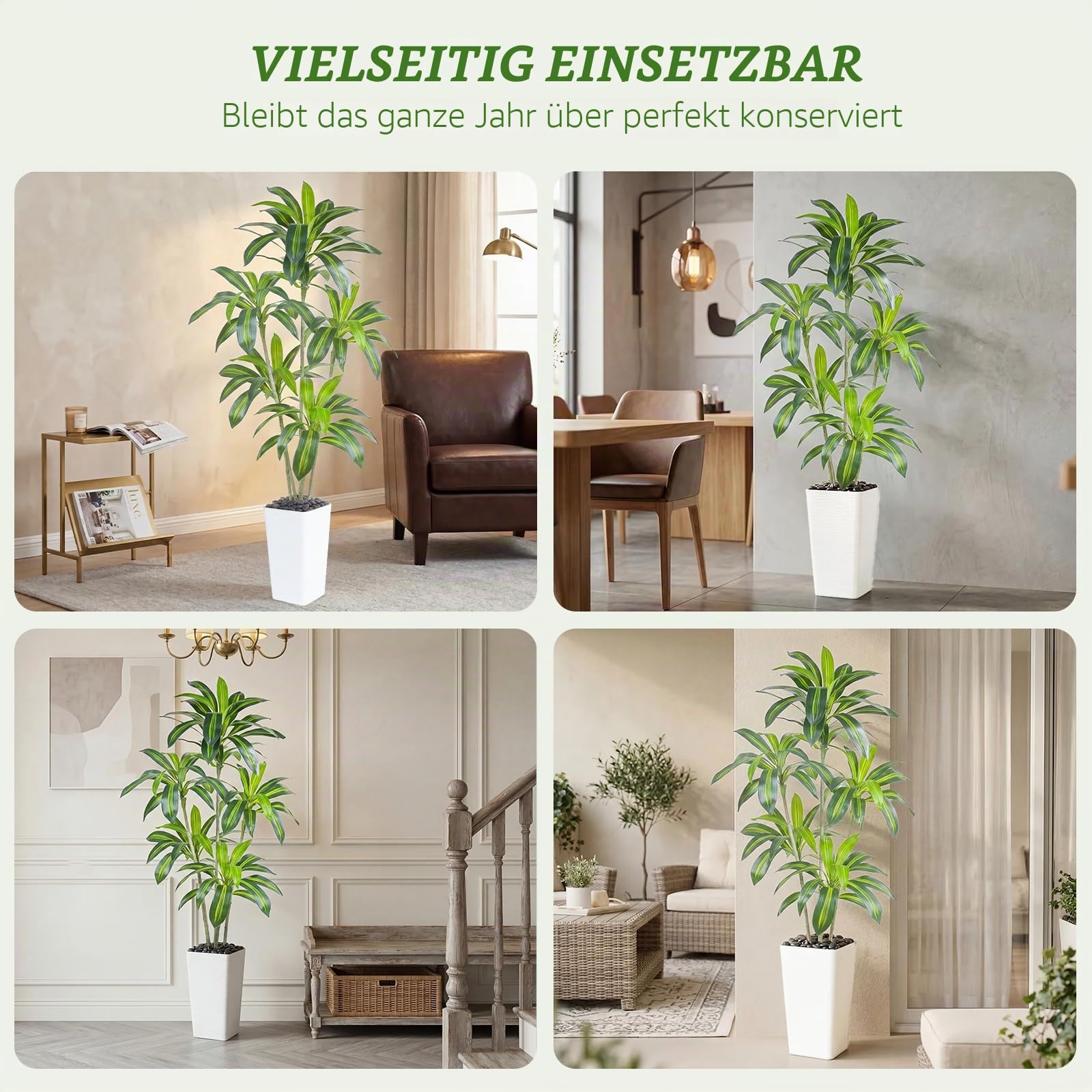 Künstliche Drachenbaum Pflanzen 180cm, Kunstpflanzen Groß im Weiß Topf | Drachenbaum Zimmerpflanze mit Kieselsteine, Hohe Kunstbaum, Fake Pflanzen für Zimmer Wohnzimmer Schlafzimmer Büro Balkon Deko