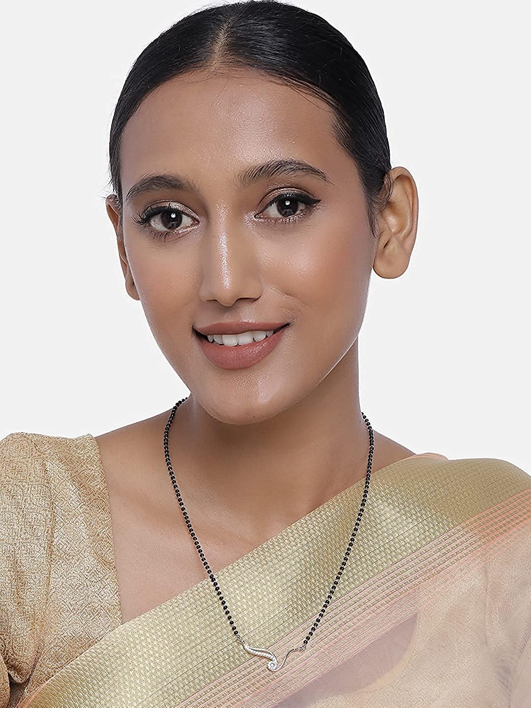 I Jewels Indian Wedding Bollywood Designer Single Black Beads Line CZ AD Mangalsutra For Women (D070-81)