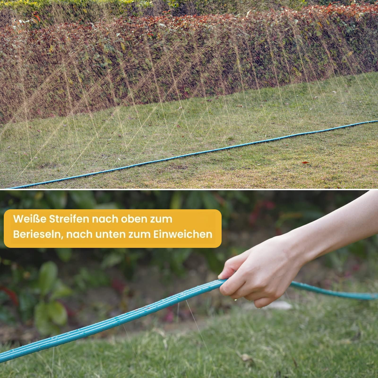 Schlauchregner Sprühschlauch 15 m, Bewässerungsschlauch mit Löchern für feinen Sprühregen, ideal für Rasen, Beete und Hecken, wassersparende Gartenbewässerung