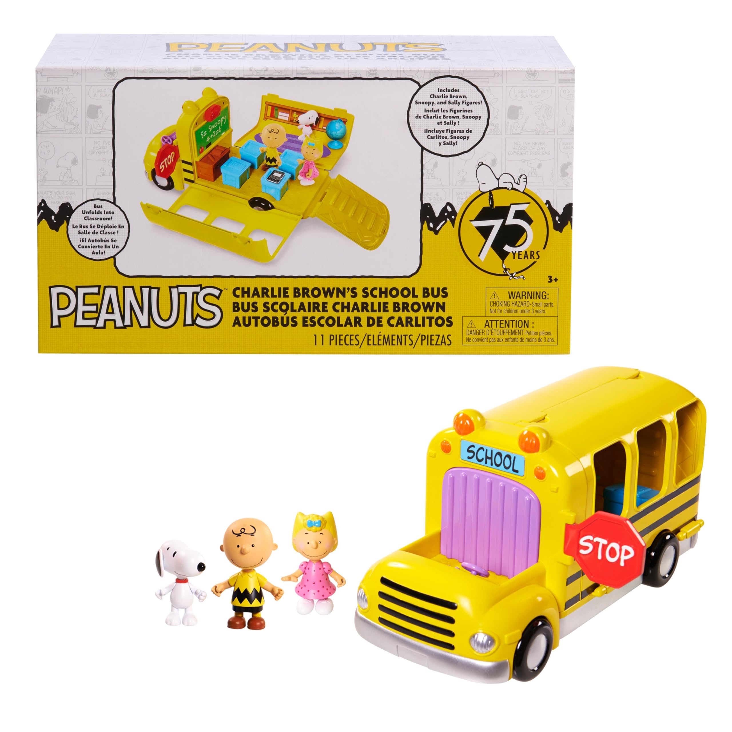 Peanuts Charlie Brown's Interactive School Bus Toy, 11-Pieces, Includes Charlie Brown, Sally, and Snoopy Figures, Toy for Fans, Boys, Girls, Kids,