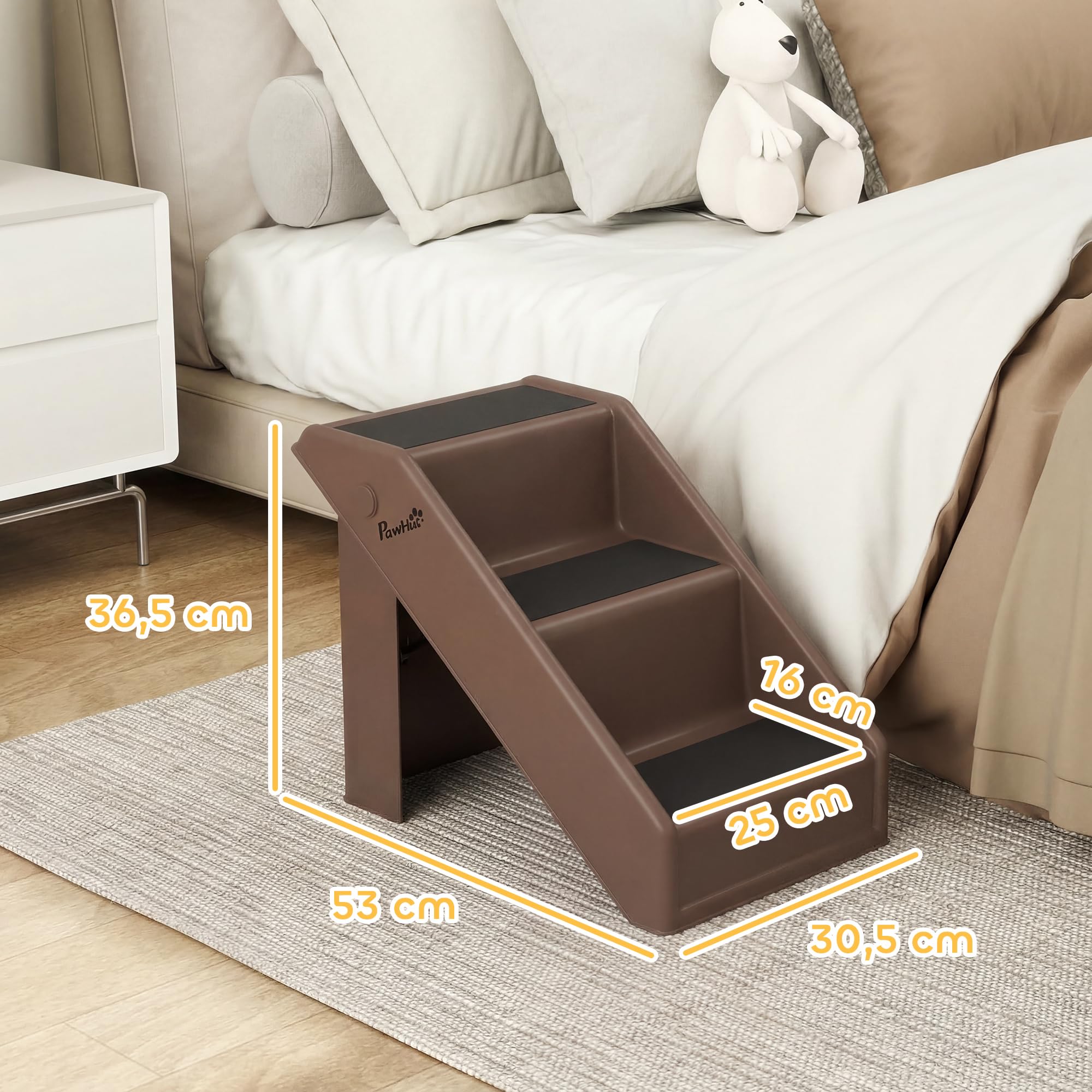 PawHut Hundetreppe 3 Stufen 36,5 cm Hoch Haustiertreppe für Kleine Hunde klappbar Katzentreppe Hunderampe Einstiegshilfe für Bett, Sofa, Couch und Auto Braun